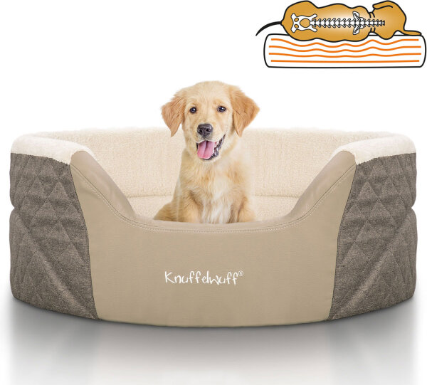 Knuffelwuff Orthopädisches Hundebett Lena aus Velours und Kunstleder mit hohem Schaumstoffrand XL 90 x 66cm BraunBeige